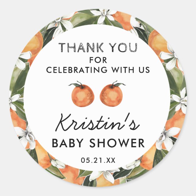 Orange Cutie Twins Baby Shower Thank You Favor Classic Round Sticker (Front)