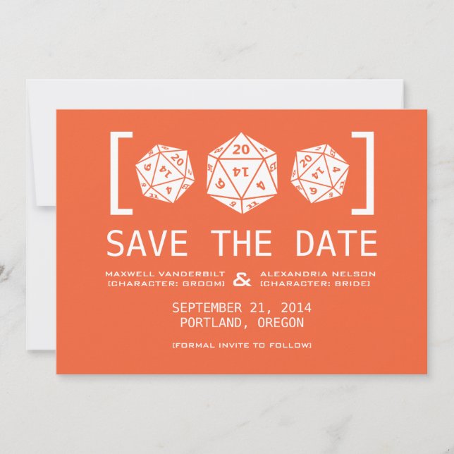 Orange D20 Dice Gamer Save the Date Invite (Front)