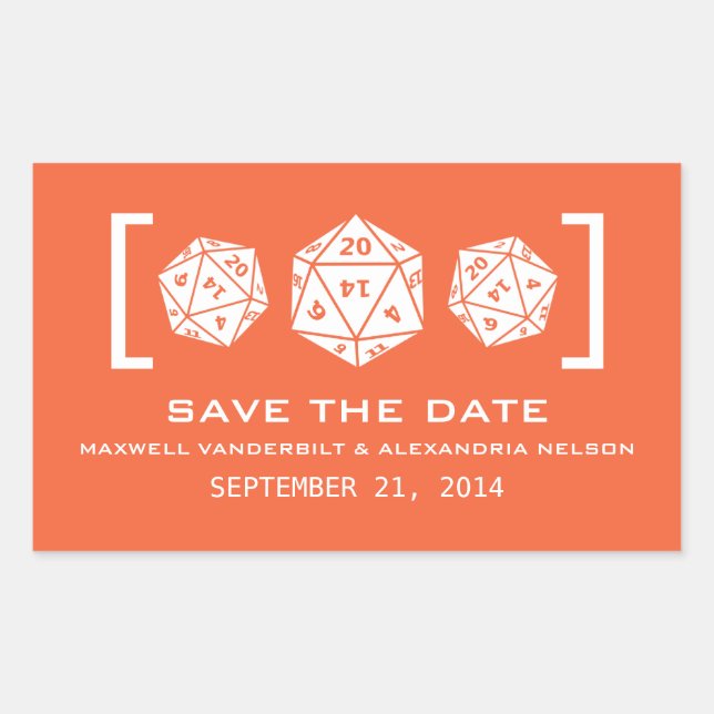 Orange D20 Dice Gamer Save the Date Stickers (Front)