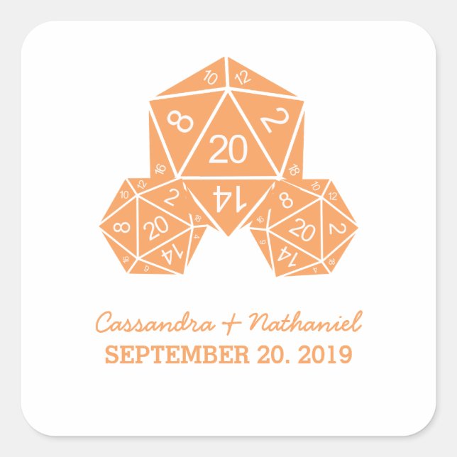 Orange D20 Dice Wedding Stickers (Front)