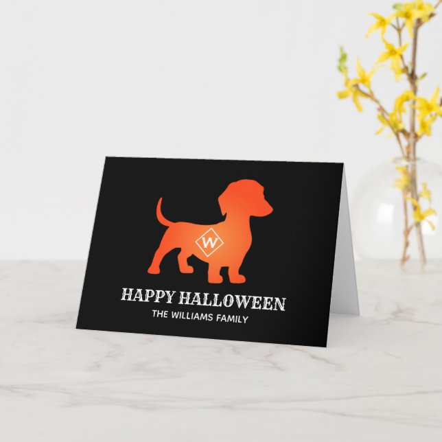 Orange Dachshund Happy Halloween Family Name Card (Yellow Flower)