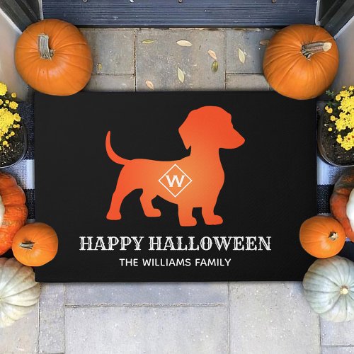 Orange Dachshund Happy Halloween Family Name Doormat