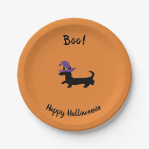 Orange Dachshund Witch Halloween Paper Plates