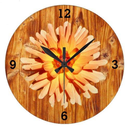 Orange Dahlia Flower on a Rustic Wood Photo Large Clock
