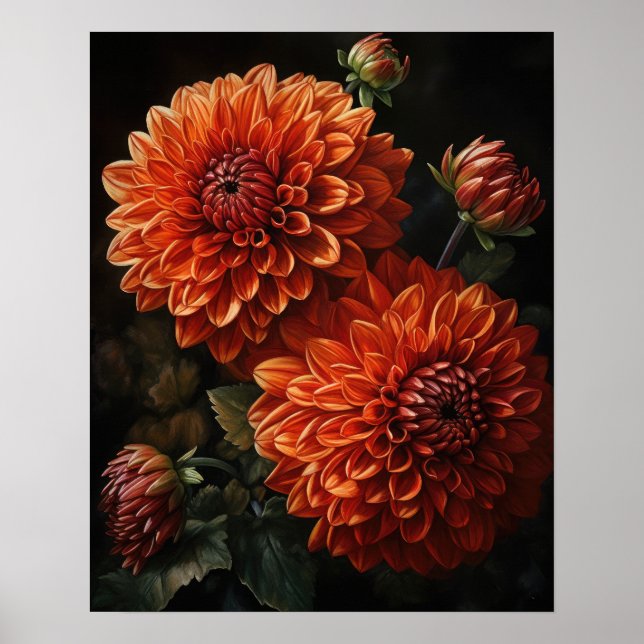Orange Dahlia Flowers Art Print Poster (Front)