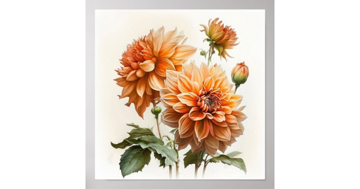 Orange Dahlias Flower Art Print Poster | Zazzle