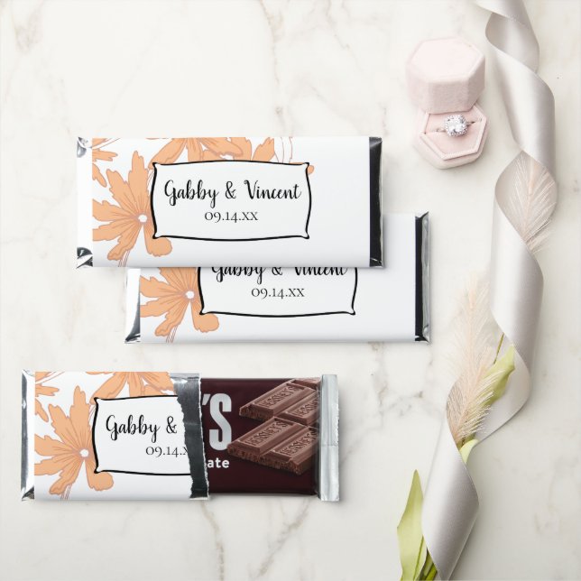 Orange Daisies on White Wedding Hershey Bar Favors (Front)