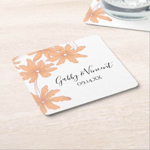 Orange Daisies on White Wedding  Square Paper Coaster