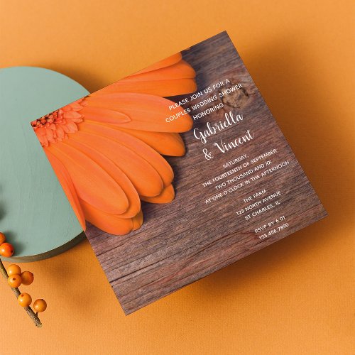 Orange Daisy and Barn Wood Couples Wedding Shower Invitation