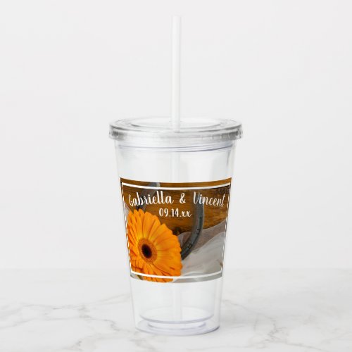 Orange Daisy and Horseshoe Country Western Wedding Acrylic Tumbler