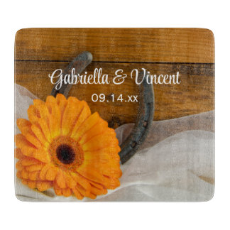 Orange Daisy and Horseshoe Country Western Wedding Cutting Board