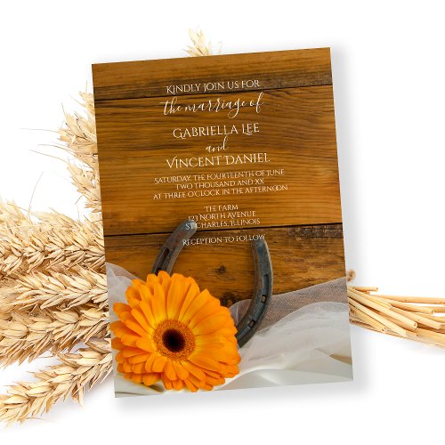 Orange Daisy and Horseshoe Country Western Wedding Invitation