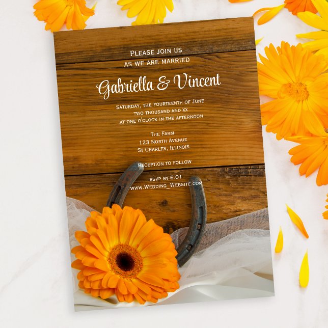 Orange Daisy and Horseshoe Country Western Wedding Invitation (Creator Uploaded)