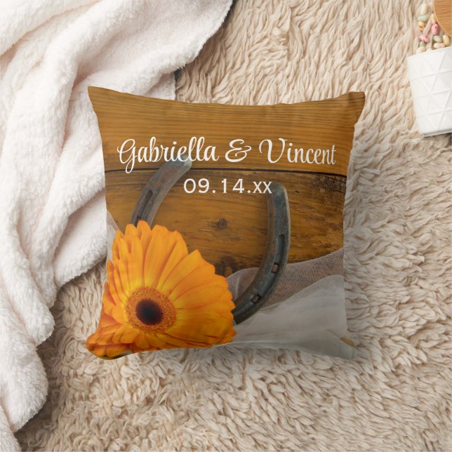 Orange Daisy and Horseshoe Country Western Wedding Throw Pillow (Blanket)