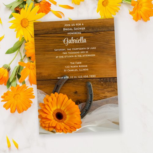 Orange Daisy and Horseshoe Western Bridal Shower Invitation