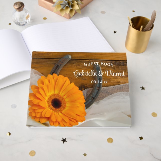 Orange Daisy and Horseshoe Western Wedding Guest Book (Front Open)