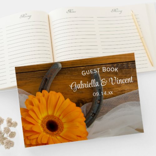 Orange Daisy and Horseshoe Western Wedding Guest Book