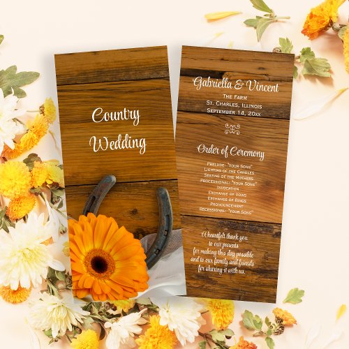 Orange Daisy and Horseshoe Western Wedding Program