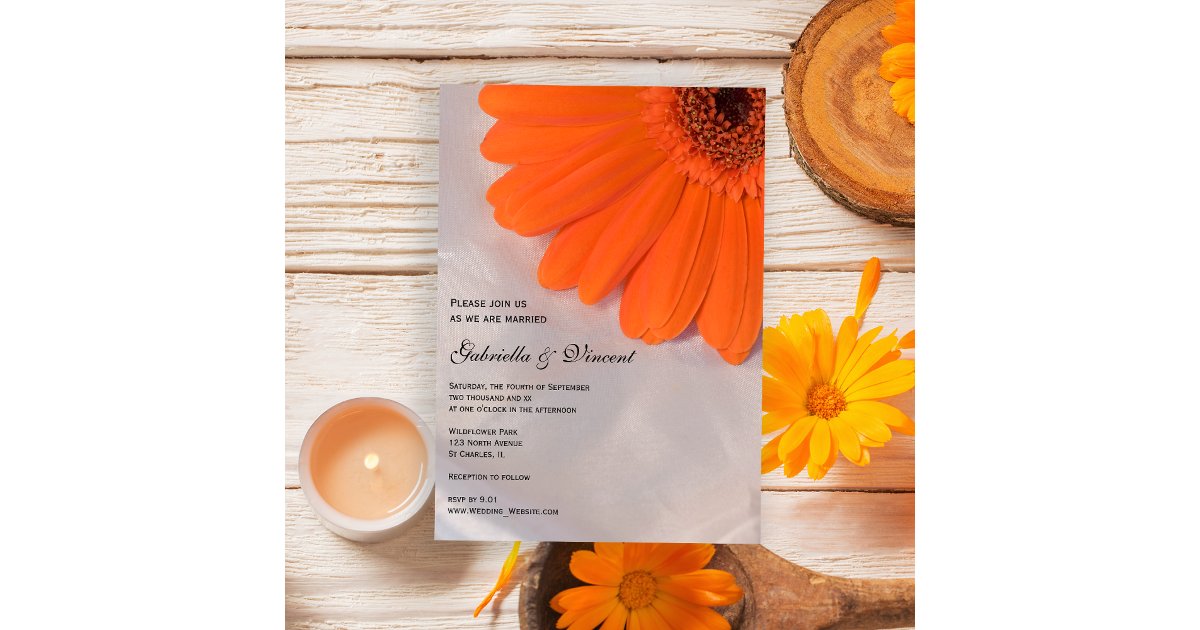 Orange Daisy and White Satin Wedding Invitation | Zazzle
