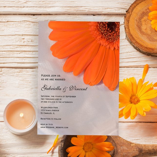 Orange Daisy and White Satin Wedding Invitation (The Orange Daisy on White Wedding Invitation is perfect for your Summer or Fall marriage ceremony.)