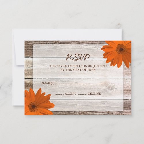 Orange Daisy Barn Wood Wedding RSVP Response Card