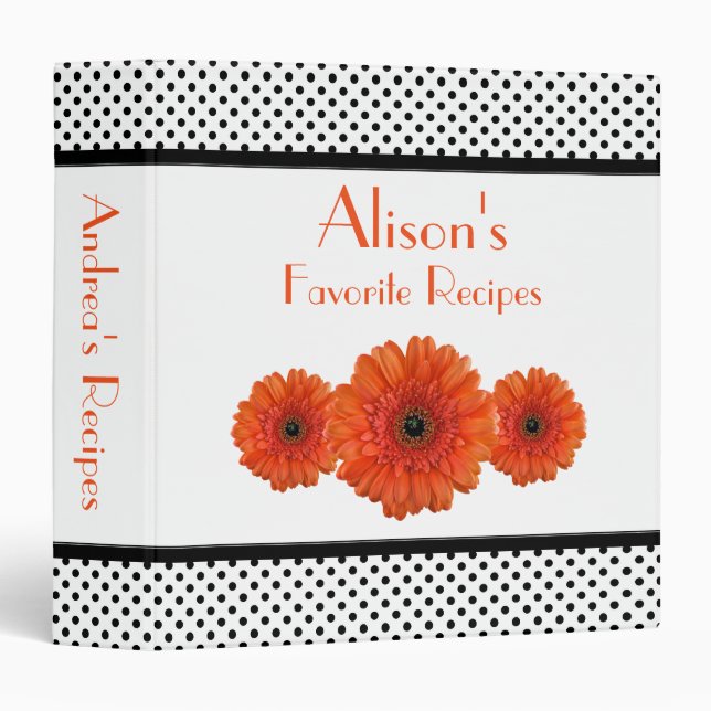 Orange Daisy Black White Polka Dot Recipe Binder (Front/Spine)