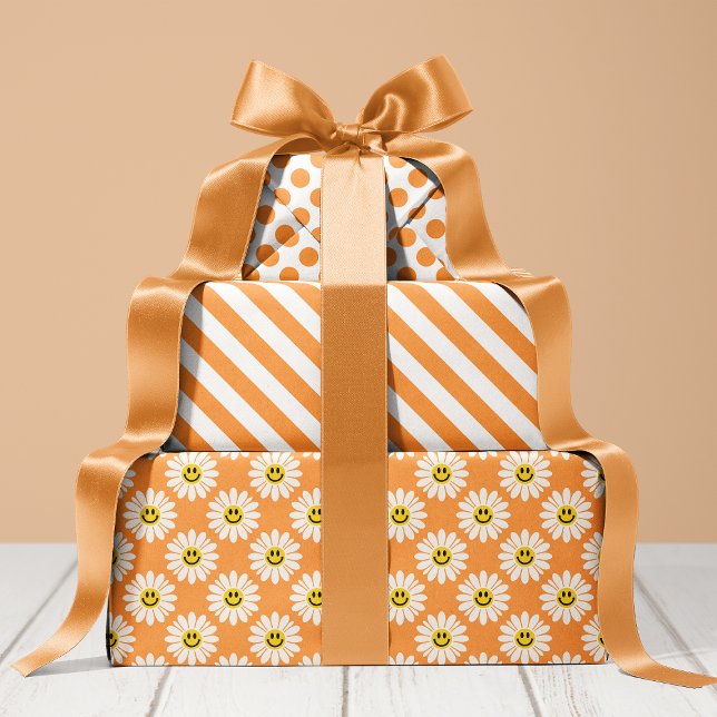 Orange Daisy Floral Stripes Polka Dot  Wrapping Paper Sheets (Creator Uploaded)