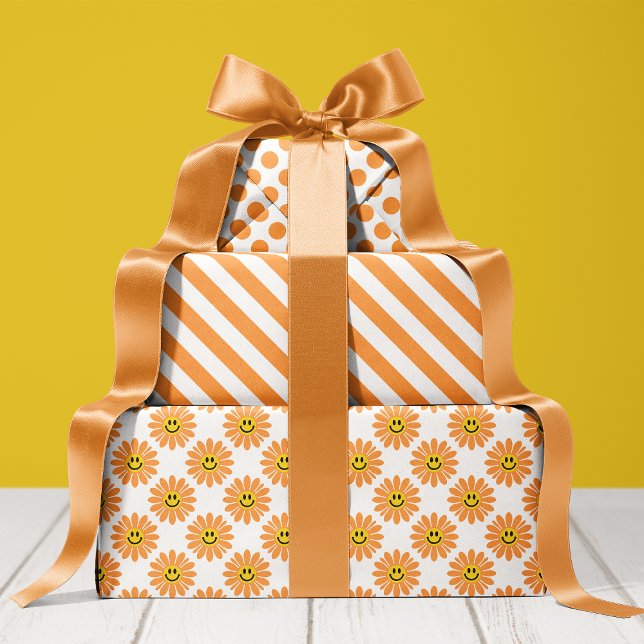Orange Daisy Floral Stripes Polka Dot  Wrapping Paper Sheets (Creator Uploaded)