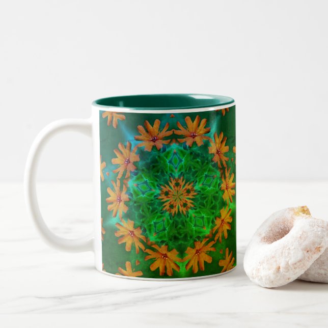 Orange Daisy Flower Art Kaleidoscope  Two-Tone Coffee Mug (With Donut)