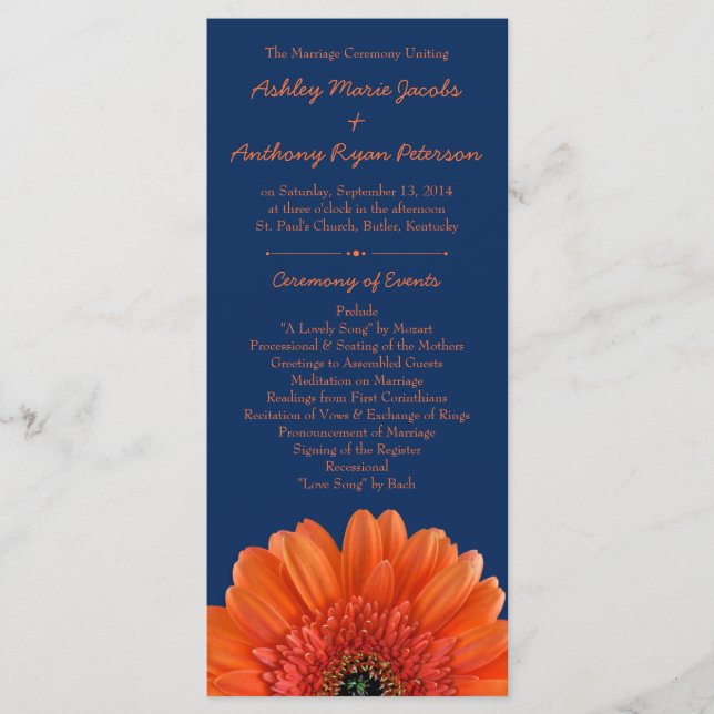 Orange Daisy Flower Navy Blue Wedding Program (Front)