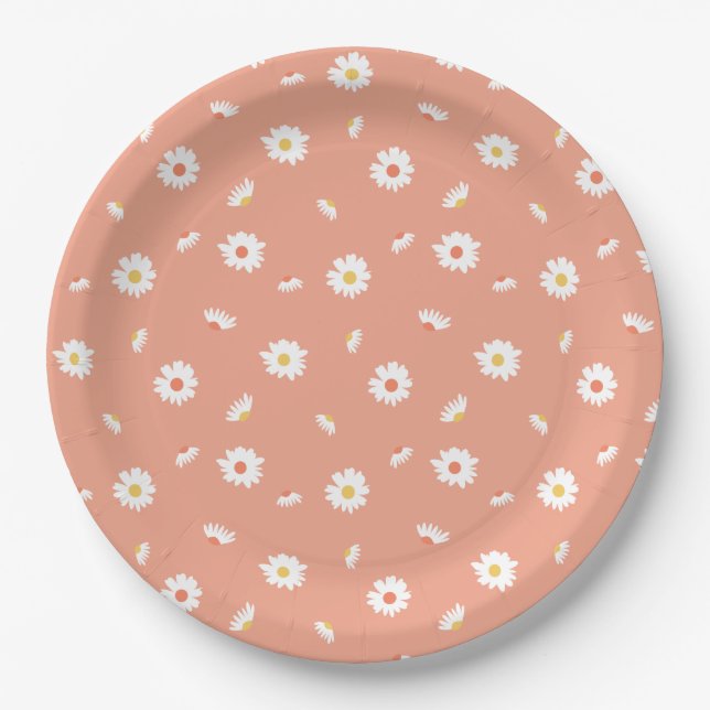 Orange Daisy Flower Pattern Paper Plates (Front)