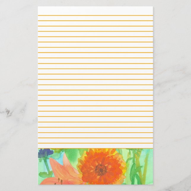 Orange Daisy Flower Pink Day Lily Lined Letter Stationery (Front)