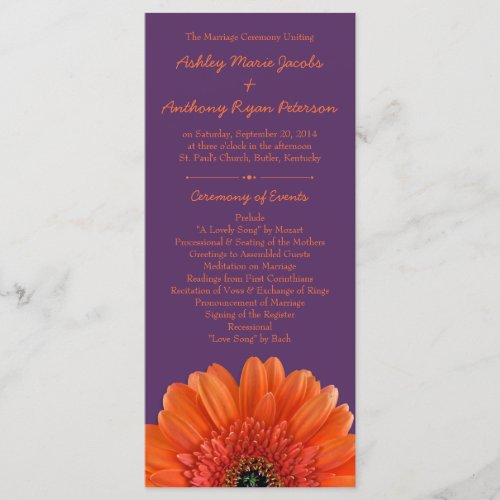 Orange Daisy Flower Purple Wedding Program