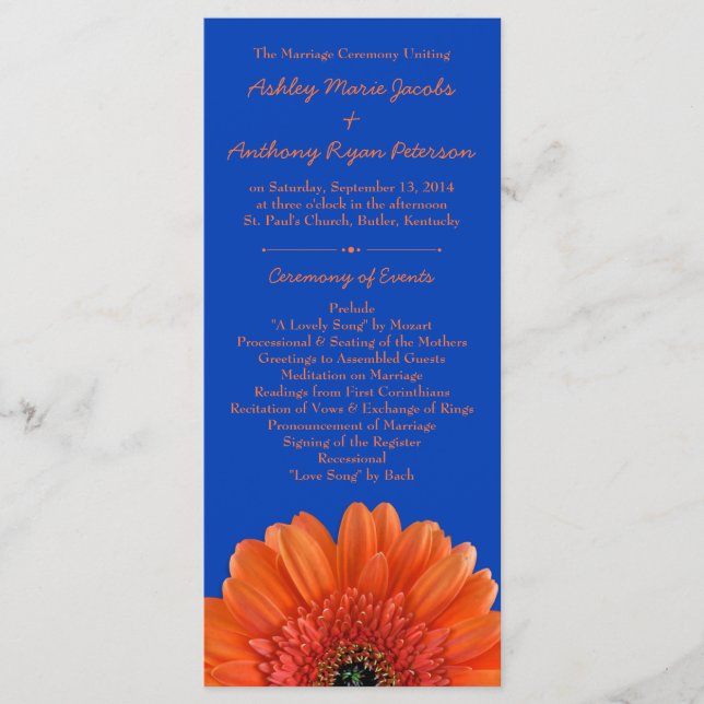 Orange Daisy Flower Royal Blue Wedding Program (Front)