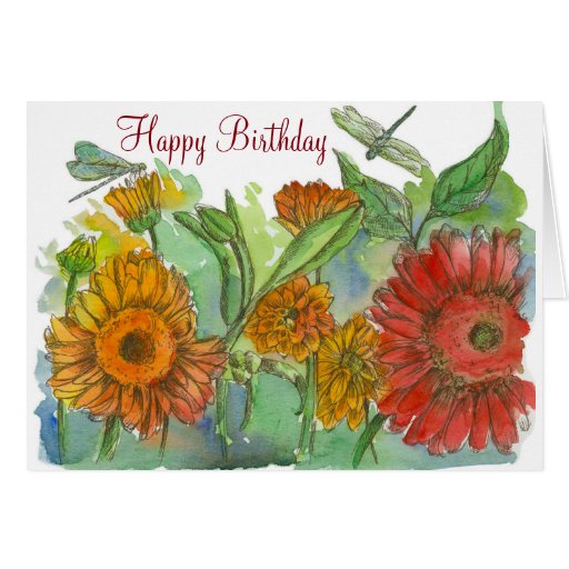 Orange Daisy Flowers Dragonfly Happy Birthday Card | Zazzle