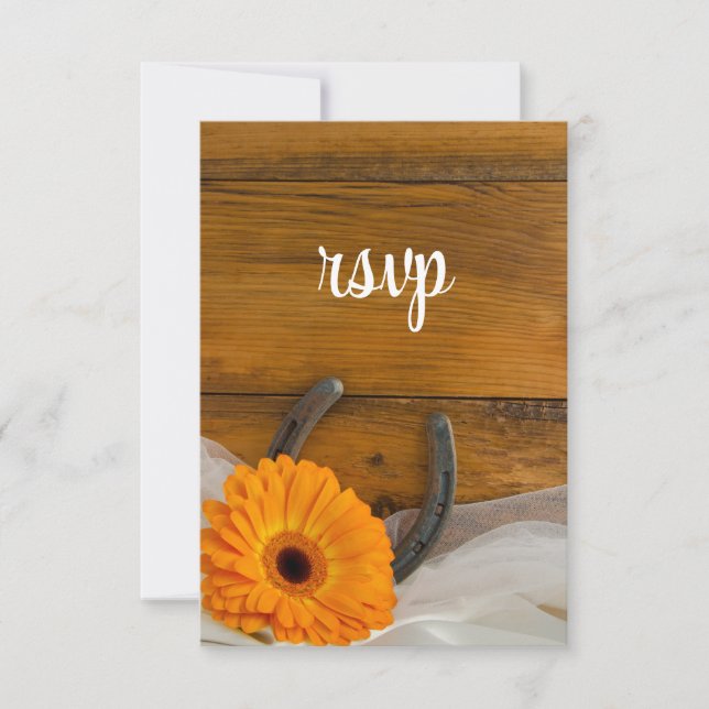 Orange Daisy Horseshoe Country Wedding RSVP Card (Front)