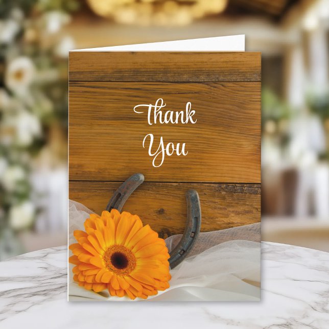 Orange Daisy Horseshoe Country Western Thank You Card (Creator Uploaded)