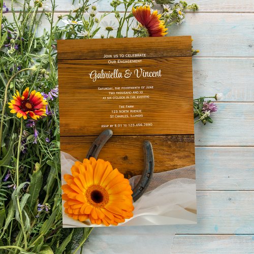 Orange Daisy Horseshoe Western Engagement Party Invitation