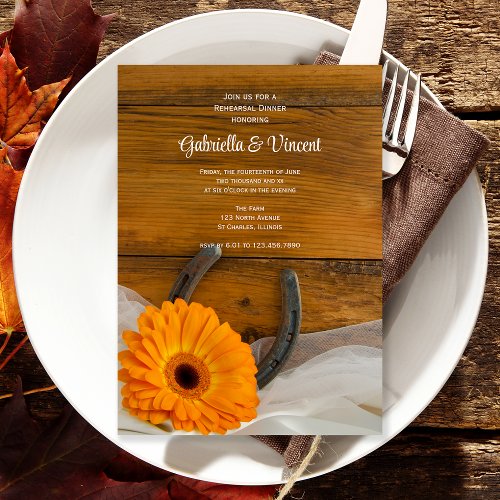 Orange Daisy Horseshoe Western Rehearsal Dinner Invitation