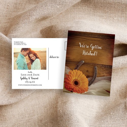 Orange Daisy Horseshoe Western Save the Date Announcement Postcard