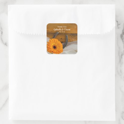 Orange Daisy Horseshoe Western Wedding Thank You Square Sticker