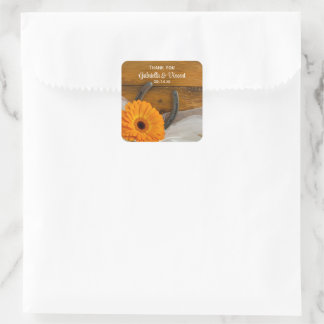 Orange Daisy Horseshoe Western Wedding Thank You Square Sticker