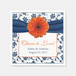 Orange Daisy Navy Blue Damask Personalized Wedding Paper Napkins