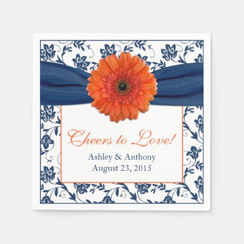 Orange Daisy Navy Blue Damask Personalized Wedding Paper Napkins