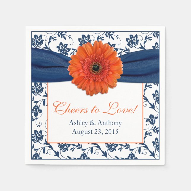 Orange Daisy Navy Blue Damask Personalized Wedding Paper Napkins (Front)
