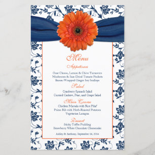 Orange Daisy Navy Blue Damask Wedding Menu Card