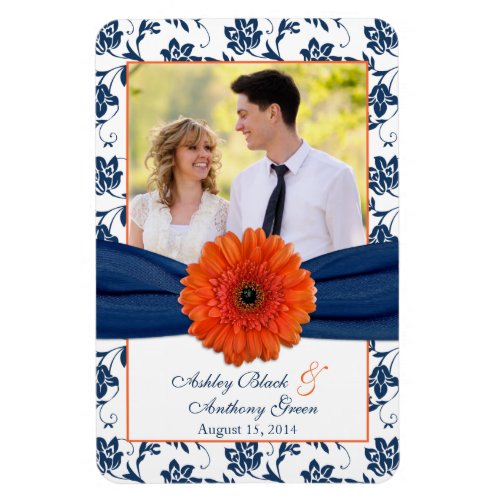 Orange Daisy Navy Blue Floral Wedding Photo Magnet