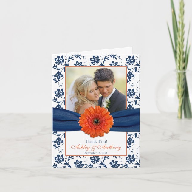 Orange Daisy Navy Damask Wedding Thank You Card (Front)