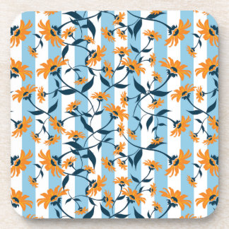 Orange Daisy Navy Vine Aqua Blue Stripe Pattern Beverage Coaster