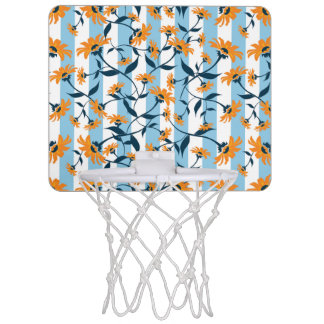 Orange Daisy Navy Vine Aqua Blue Stripe Pattern Mini Basketball Hoop